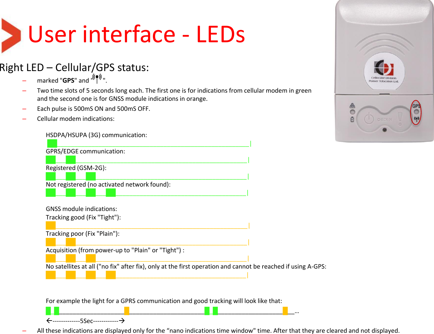 User interface - LEDs Right LED – Cellular/GPS status: –marked &quot;GPS&quot; and &quot;      &quot;.  –Two time slots of 5 seconds long each. The first one is for indications from cellular modem in green  and the second one is for GNSS module indications in orange. –Each pulse is 500mS ON and 500mS OFF. –Cellular modem indications:  HSDPA/HSUPA (3G) communication:  ██________________________________________________________| GPRS/EDGE communication:  ██___██__________________________________________________| Registered (GSM-2G):  ██___██___██____________________________________________| Not registered (no activated network found):  ██___██___██___██______________________________________|   GNSS module indications: Tracking good (Fix &quot;Tight&quot;): ██________________________________________________________| Tracking poor (Fix &quot;Plain&quot;):  ██___██__________________________________________________| Acquisition (from power-up to &quot;Plain&quot; or &quot;Tight&quot;) :  ██___██___██____________________________________________| No satellites at all (&quot;no fix&quot; after fix), only at the first operation and cannot be reached if using A-GPS:  ██___██___██___██______________________________________|     For example the light for a GPRS communication and good tracking will look like that: █_█___________________█______________________█_█___________________█__… -------------5Sec------------ –All these indications are displayed only for the “nano indications time window&quot; time. After that they are cleared and not displayed. 