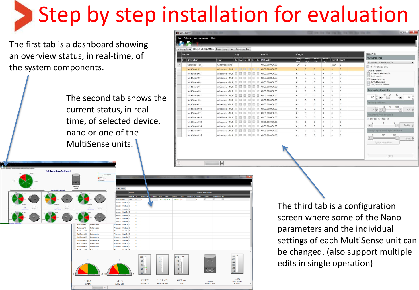 Step by step installation for evaluation The first tab is a dashboard showing an overview status, in real-time, of the system components. The third tab is a configuration screen where some of the Nano parameters and the individual settings of each MultiSense unit can be changed. (also support multiple edits in single operation) The second tab shows the current status, in real-time, of selected device, nano or one of the MultiSense units.  