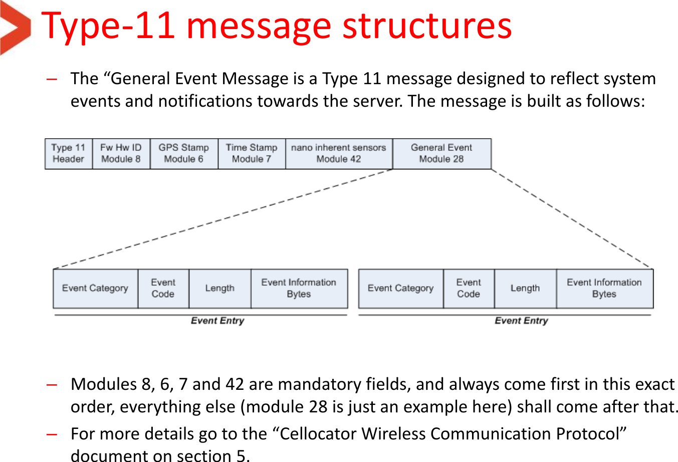 Type-11 message structures  –The “General Event Message is a Type 11 message designed to reflect system events and notifications towards the server. The message is built as follows:           –Modules 8, 6, 7 and 42 are mandatory fields, and always come first in this exact order, everything else (module 28 is just an example here) shall come after that. –For more details go to the “Cellocator Wireless Communication Protocol” document on section 5.   