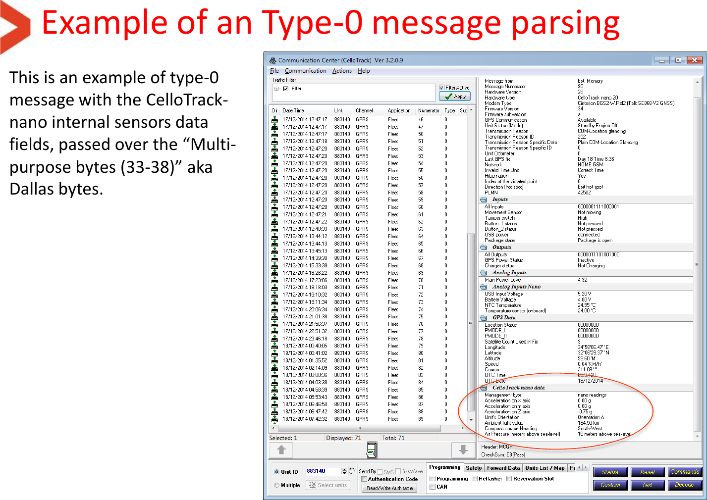 Example of an Type-0 message parsing  This is an example of type-0 message with the CelloTrack-nano internal sensors data fields, passed over the “Multi-purpose bytes (33-38)” aka Dallas bytes. 