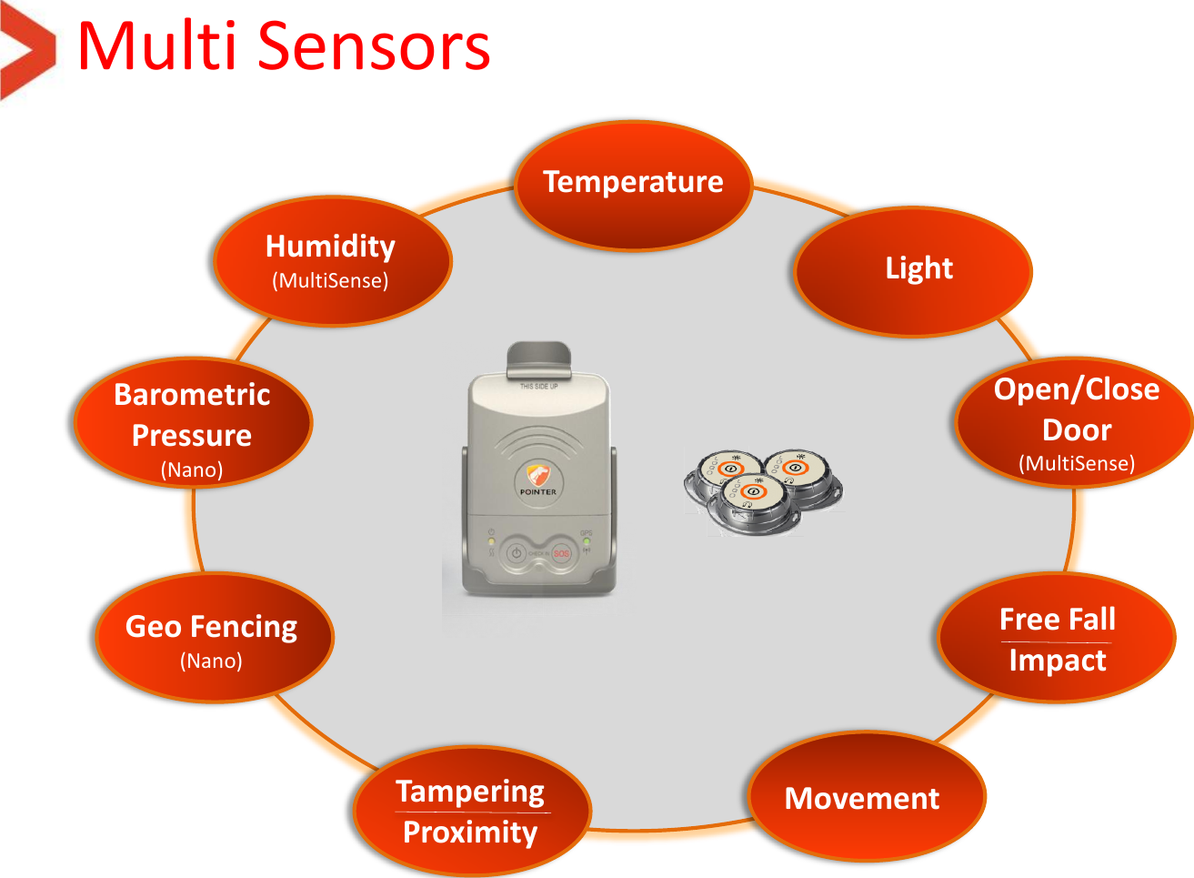 Temperature Humidity (MultiSense) Barometric Pressure (Nano) Light Open/Close Door (MultiSense) Free Fall Impact Geo Fencing (Nano) Tampering Proximity Movement Multi Sensors 