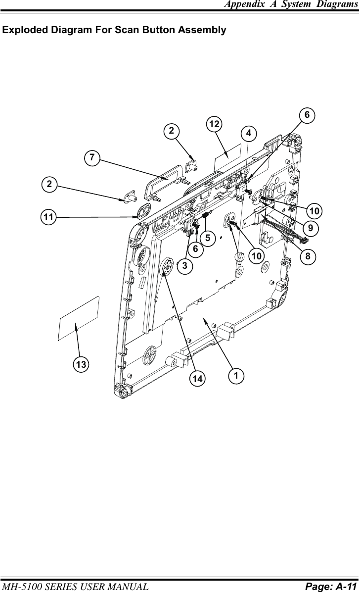 Appendix  A  System  Diagrams MH-5100 SERIES USER MANUAL Page: A-11 Exploded Diagram For Scan Button Assembly 7221211365101314 1891046