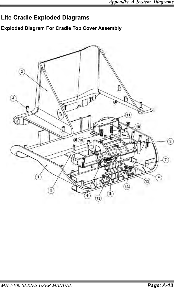 Appendix  A  System  Diagrams MH-5100 SERIES USER MANUAL Page: A-13 Lite Cradle Exploded Diagrams Exploded Diagram For Cradle Top Cover Assembly 