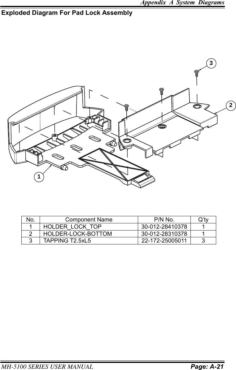 Appendix  A  System  Diagrams     MH-5100 SERIES USER MANUAL Page: A-21  Exploded Diagram For Pad Lock Assembly                                 No. Component Name P/N No. Q’ty 1 HOLDER_LOCK_TOP 30-012-28410378 1 2 HOLDER-LOCK-BOTTOM 30-012-28310378 1 3 TAPPING T2.5xL5 22-172-25005011 3  321