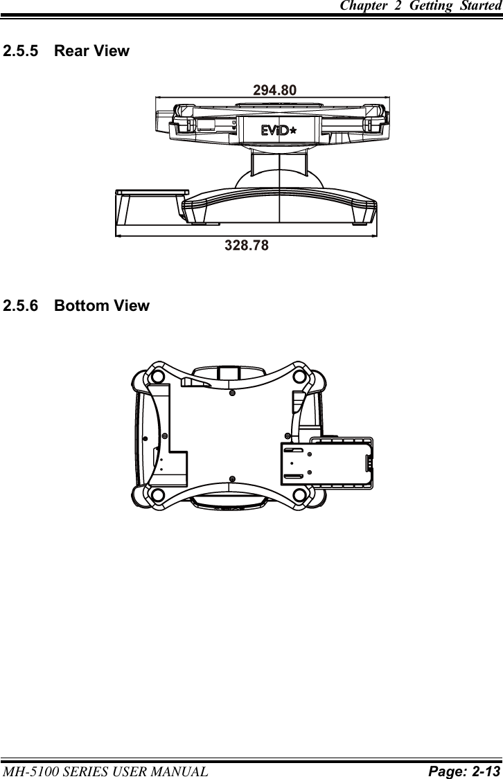 Chapter  2  Getting  Started MH-5100 SERIES USER MANUAL Page: 2-13 2.5.5  Rear View 2.5.6  Bottom View 
