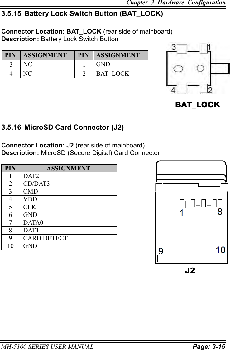 Chapter  3  Hardware  Configuration  MH-5100 SERIES USER MANUAL Page: 3-15 3.5.15  Battery Lock Switch Button (BAT_LOCK) Connector Location: BAT_LOCK (rear side of mainboard) Description: Battery Lock Switch Button PIN ASSIGNMENT PIN ASSIGNMENT 3 NC 1 GND 4 NC 2 BAT_LOCK 3.5.16  MicroSD Card Connector (J2) Connector Location: J2 (rear side of mainboard) Description: MicroSD (Secure Digital) Card Connector PIN ASSIGNMENT 1 DAT2 2 CD/DAT3 3 CMD 4 VDD 5 CLK 6 GND 7 DATA0 8 DAT1 9 CARD DETECT 10 GND BAT_LOCK J2 