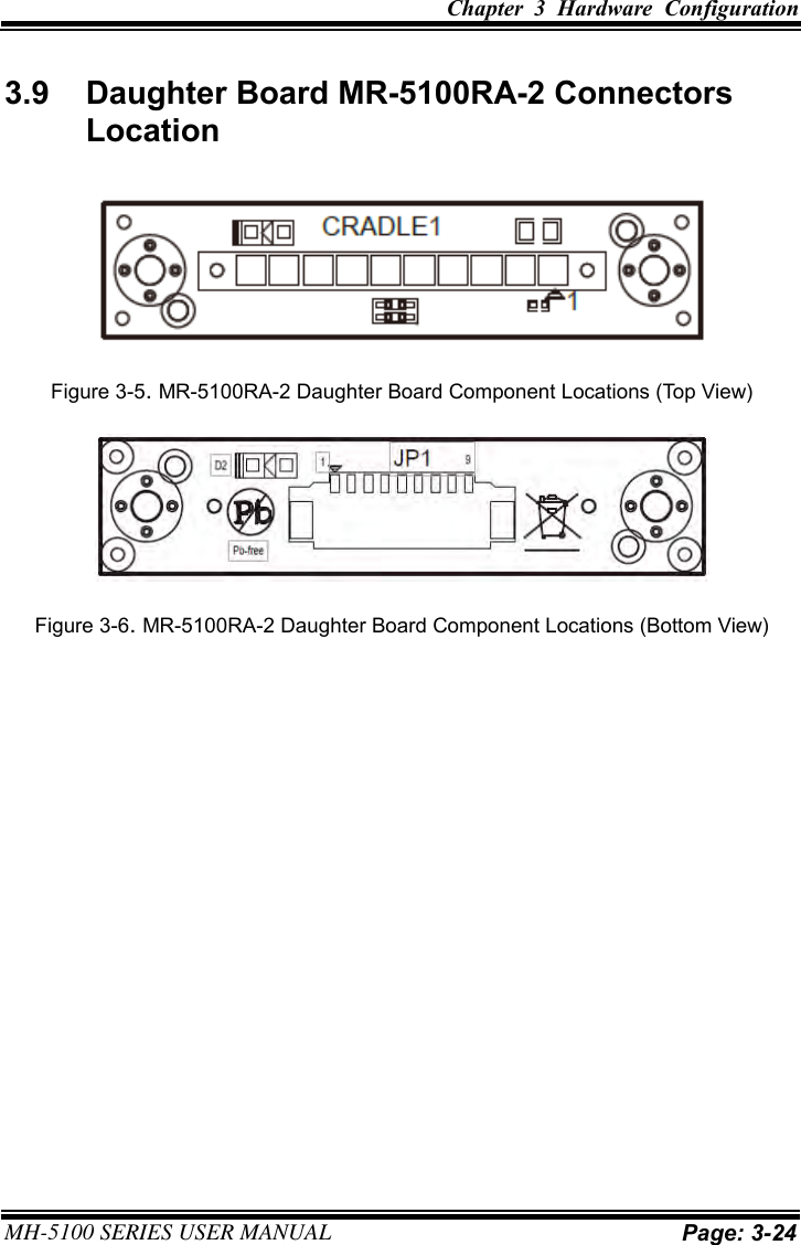 Chapter  3  Hardware  Configuration MH-5100 SERIES USER MANUAL Page: 3-24 3.9  Daughter Board MR-5100RA-2 Connectors Location Figure 3-5. MR-5100RA-2 Daughter Board Component Locations (Top View) Figure 3-6. MR-5100RA-2 Daughter Board Component Locations (Bottom View) 