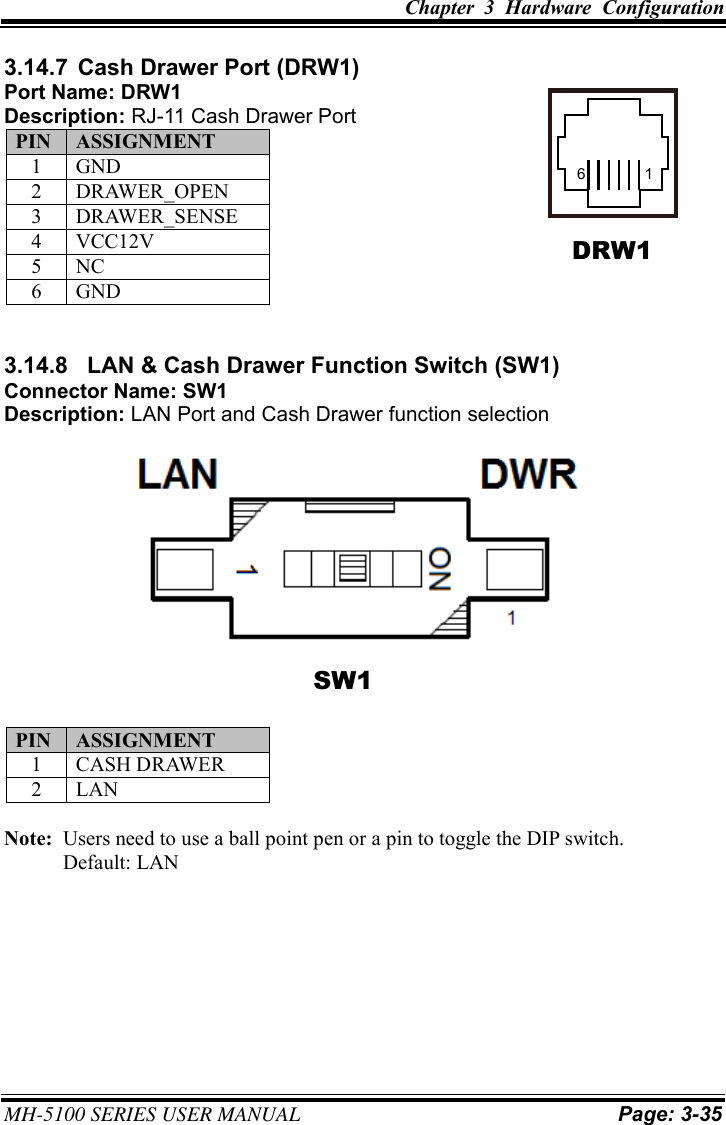 Chapter  3  Hardware  Configuration MH-5100 SERIES USER MANUAL Page: 3-35 3.14.7  Cash Drawer Port (DRW1) Port Name: DRW1 Description: RJ-11 Cash Drawer Port PIN ASSIGNMENT 1 GND 2 DRAWER_OPEN 3 DRAWER_SENSE 4 VCC12V 5 NC 6 GND 3.14.8  LAN &amp; Cash Drawer Function Switch (SW1) Connector Name: SW1 Description: LAN Port and Cash Drawer function selection PIN ASSIGNMENT 1 CASH DRAWER 2 LAN Note:  Users need to use a ball point pen or a pin to toggle the DIP switch. Default: LAN 16DRW1 SW1 