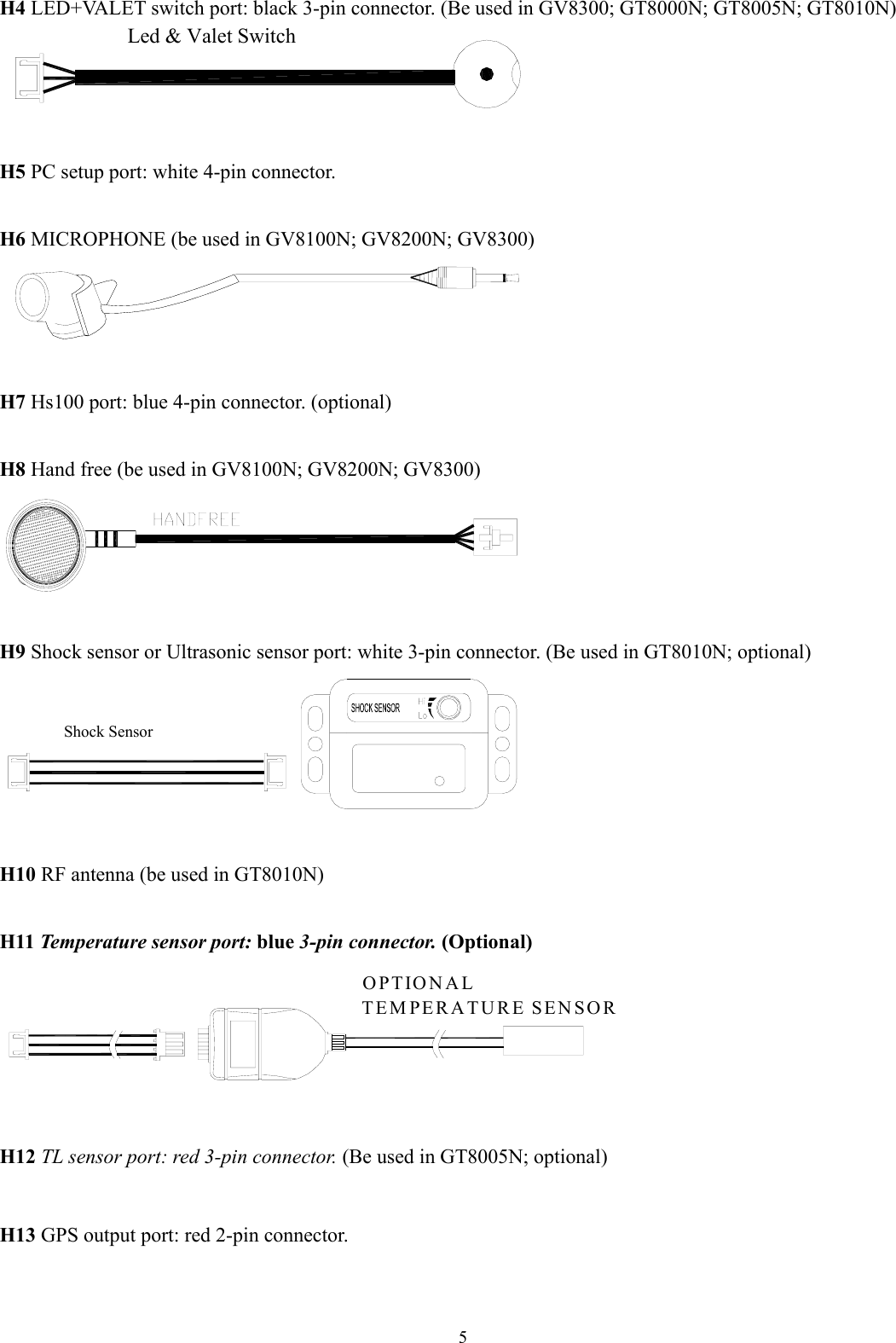  5 H4 LED+VALET switch port: black 3-pin connector. (Be used in GV8300; GT8000N; GT8005N; GT8010N) Led &amp; Valet Switch   H5 PC setup port: white 4-pin connector.   H6 MICROPHONE (be used in GV8100N; GV8200N; GV8300)    H7 Hs100 port: blue 4-pin connector. (optional)   H8 Hand free (be used in GV8100N; GV8200N; GV8300)    H9 Shock sensor or Ultrasonic sensor port: white 3-pin connector. (Be used in GT8010N; optional) Shock Sensor   H10 RF antenna (be used in GT8010N)   H11 Temperature sensor port: blue 3-pin connector. (Optional) OPTIONALTEMPERATURE SENSOR   H12 TL sensor port: red 3-pin connector. (Be used in GT8005N; optional)   H13 GPS output port: red 2-pin connector.   