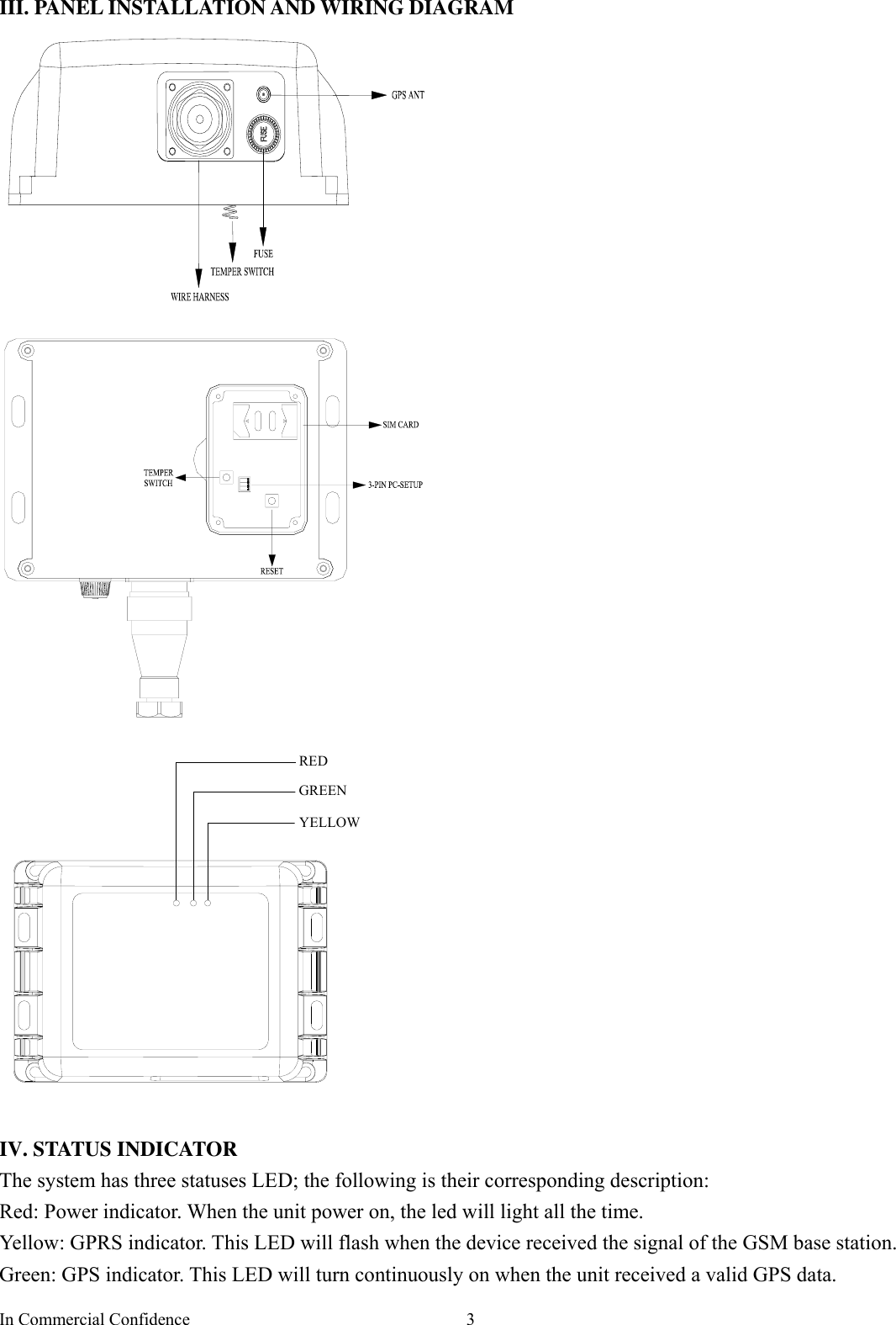 In Commercial Confidence  3 III. PANEL INSTALLATION AND WIRING DIAGRAM   REDGREENYELLOW  IV. STATUS INDICATOR The system has three statuses LED; the following is their corresponding description: Red: Power indicator. When the unit power on, the led will light all the time. Yellow: GPRS indicator. This LED will flash when the device received the signal of the GSM base station.   Green: GPS indicator. This LED will turn continuously on when the unit received a valid GPS data. 