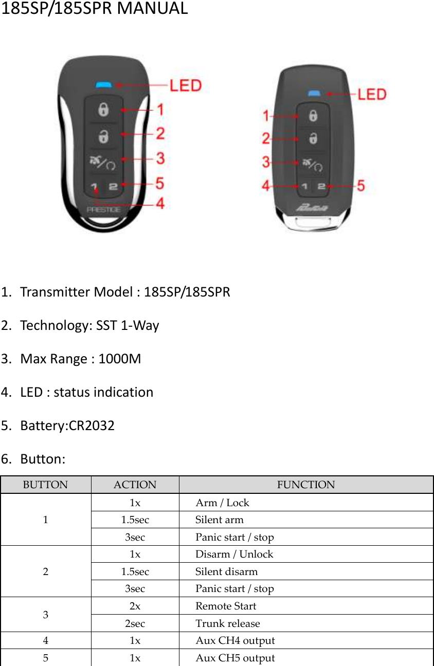 185SP/185SPR MANUAL       1. Transmitter Model : 185SP/185SPR 2. Technology: SST 1-Way 3. Max Range : 1000M 4. LED : status indication 5. Battery:CR2032 6. Button: BUTTON ACTION FUNCTION 1 1x Arm / Lock 1.5sec Silent arm 3sec Panic start / stop 2 1x Disarm / Unlock 1.5sec Silent disarm 3sec Panic start / stop 3 2x Remote Start 2sec Trunk release 4 1x Aux CH4 output 5 1x Aux CH5 output     