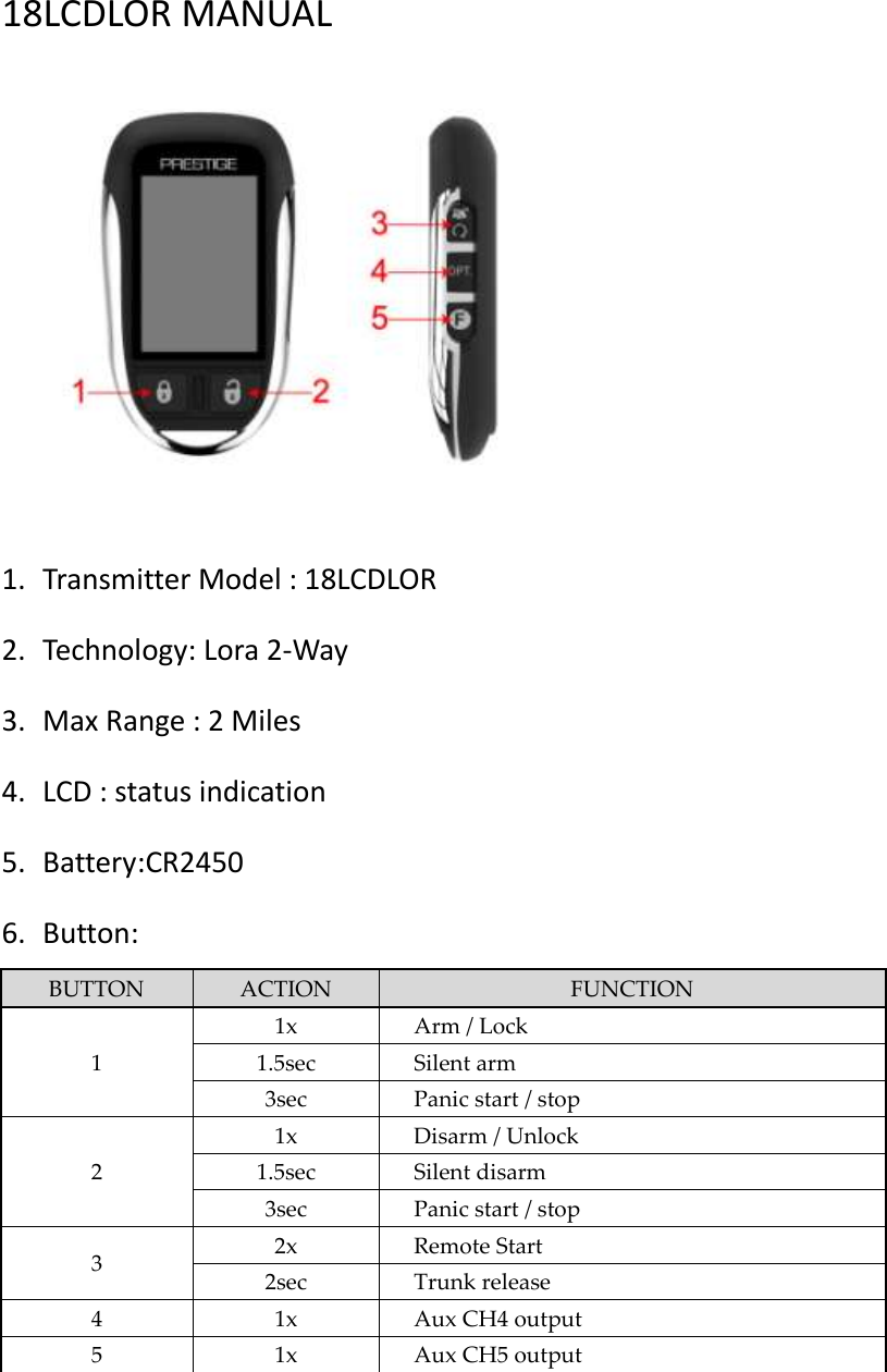 18LCDLOR MANUAL     1. Transmitter Model : 18LCDLOR 2. Technology: Lora 2-Way 3. Max Range : 2 Miles 4. LCD : status indication 5. Battery:CR2450 6. Button: BUTTON ACTION FUNCTION 1 1x Arm / Lock 1.5sec Silent arm 3sec Panic start / stop 2 1x Disarm / Unlock 1.5sec Silent disarm 3sec Panic start / stop 3 2x Remote Start 2sec Trunk release 4 1x Aux CH4 output 5 1x Aux CH5 output      