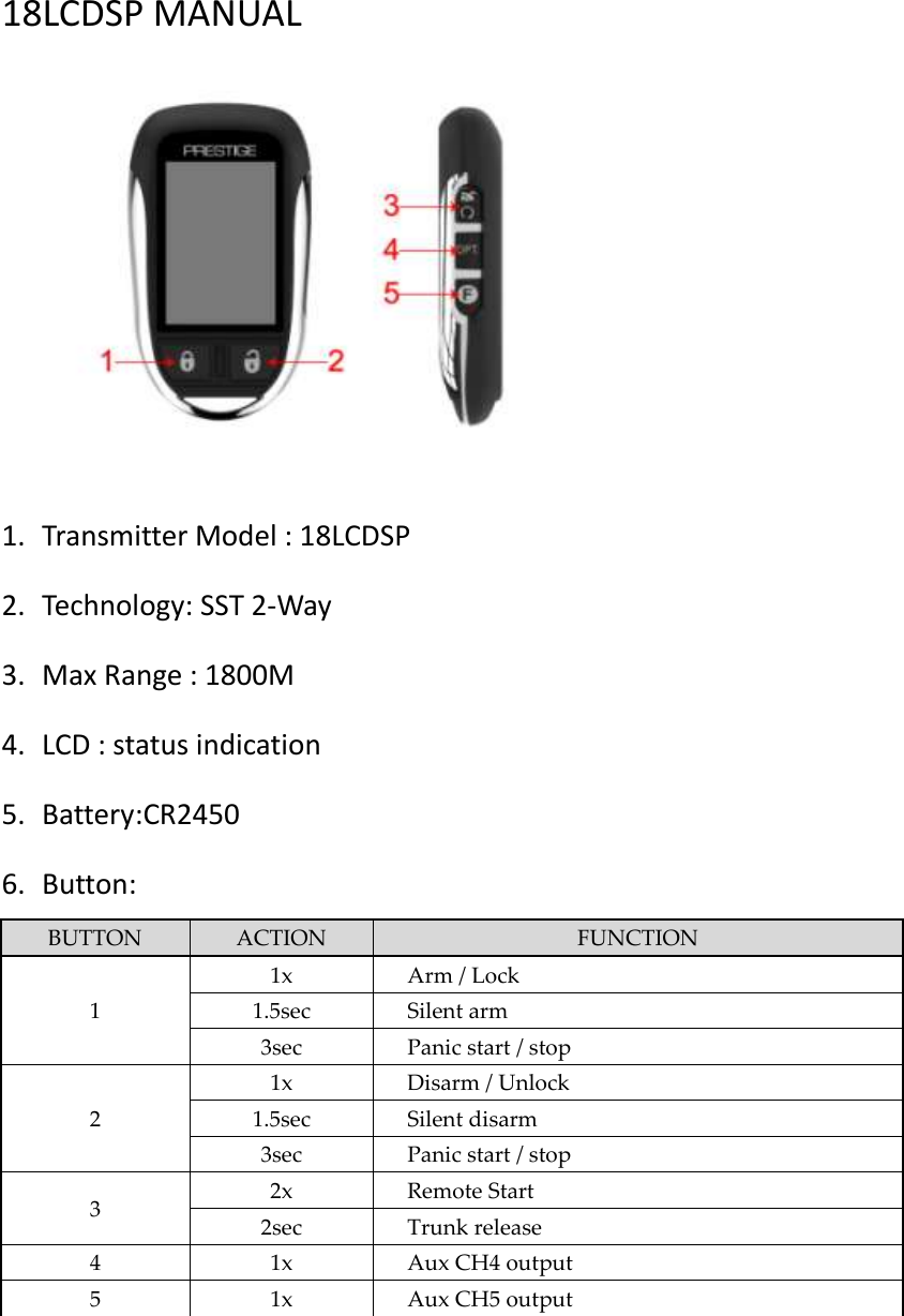18LCDSP MANUAL         1. Transmitter Model : 18LCDSP 2. Technology: SST 2-Way 3. Max Range : 1800M 4. LCD : status indication 5. Battery:CR2450 6. Button: BUTTON ACTION FUNCTION 1 1x Arm / Lock 1.5sec Silent arm 3sec Panic start / stop 2 1x Disarm / Unlock 1.5sec Silent disarm 3sec Panic start / stop 3 2x Remote Start 2sec Trunk release 4 1x Aux CH4 output 5 1x Aux CH5 output       