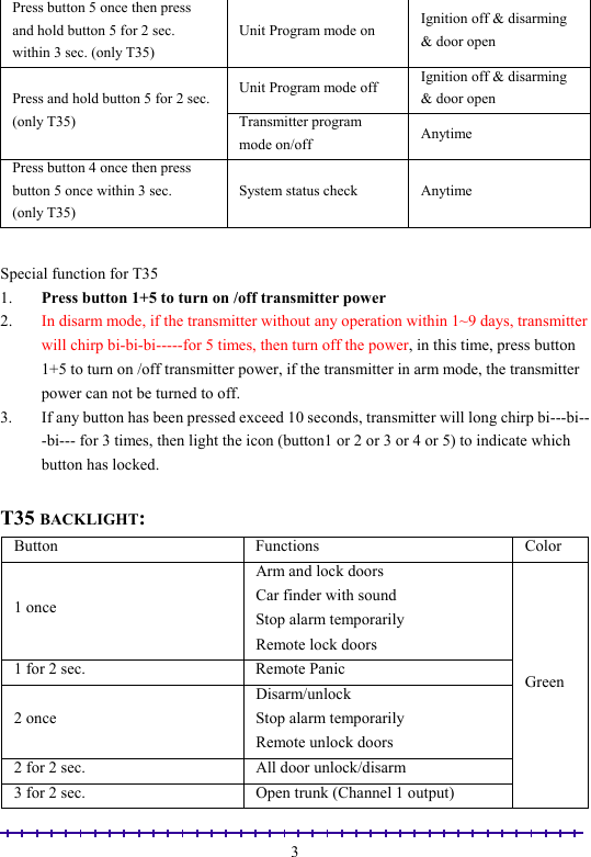                                                                                                               3Press button 5 once then press and hold button 5 for 2 sec. within 3 sec. (only T35) Unit Program mode on  Ignition off &amp; disarming &amp; door open Unit Program mode off  Ignition off &amp; disarming &amp; door open Press and hold button 5 for 2 sec. (only T35)  Transmitter program mode on/off  Anytime Press button 4 once then press button 5 once within 3 sec.  (only T35) System status check  Anytime   Special function for T35 1.  Press button 1+5 to turn on /off transmitter power 2.  In disarm mode, if the transmitter without any operation within 1~9 days, transmitter will chirp bi-bi-bi-----for 5 times, then turn off the power, in this time, press button 1+5 to turn on /off transmitter power, if the transmitter in arm mode, the transmitter power can not be turned to off. 3.  If any button has been pressed exceed 10 seconds, transmitter will long chirp bi---bi---bi--- for 3 times, then light the icon (button1 or 2 or 3 or 4 or 5) to indicate which button has locked.  T35 BACKLIGHT: Button Functions  Color 1 once Arm and lock doors Car finder with sound Stop alarm temporarily Remote lock doors 1 for 2 sec.  Remote Panic 2 once Disarm/unlock Stop alarm temporarily Remote unlock doors 2 for 2 sec.  All door unlock/disarm 3 for 2 sec.  Open trunk (Channel 1 output) Green 