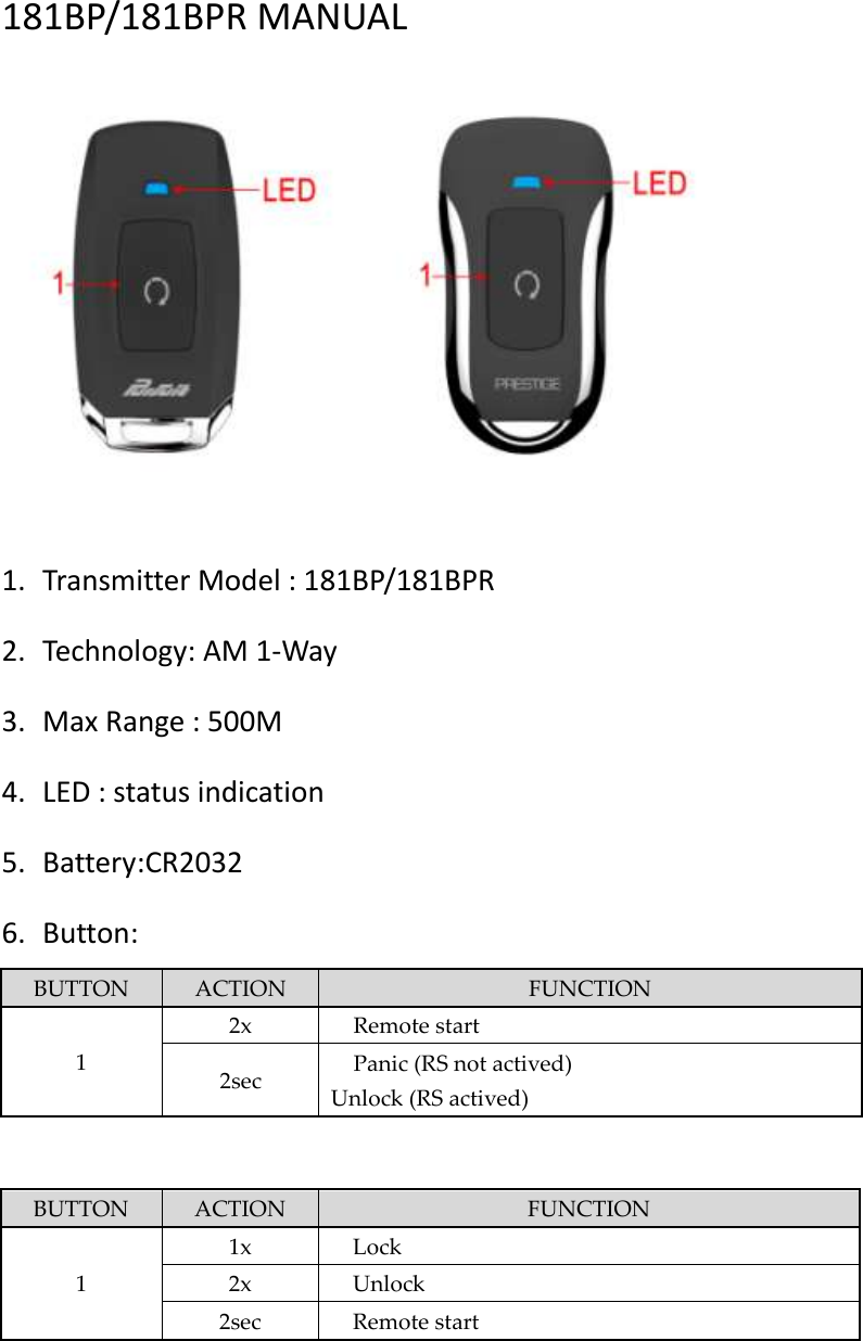 181BP/181BPR MANUAL     1. Transmitter Model : 181BP/181BPR 2. Technology: AM 1-Way 3. Max Range : 500M 4. LED : status indication 5. Battery:CR2032 6. Button: BUTTON ACTION FUNCTION 1 2x Remote start 2sec Panic (RS not actived) Unlock (RS actived)   BUTTON ACTION FUNCTION 1 1x Lock 2x Unlock 2sec Remote start       