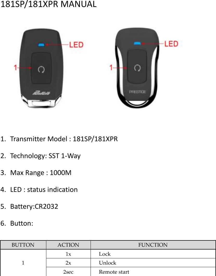  181SP/181XPR MANUAL     1. Transmitter Model : 181SP/181XPR 2. Technology: SST 1-Way 3. Max Range : 1000M 4. LED : status indication 5. Battery:CR2032 6. Button:  BUTTON ACTION FUNCTION 1 1x Lock 2x Unlock 2sec Remote start          