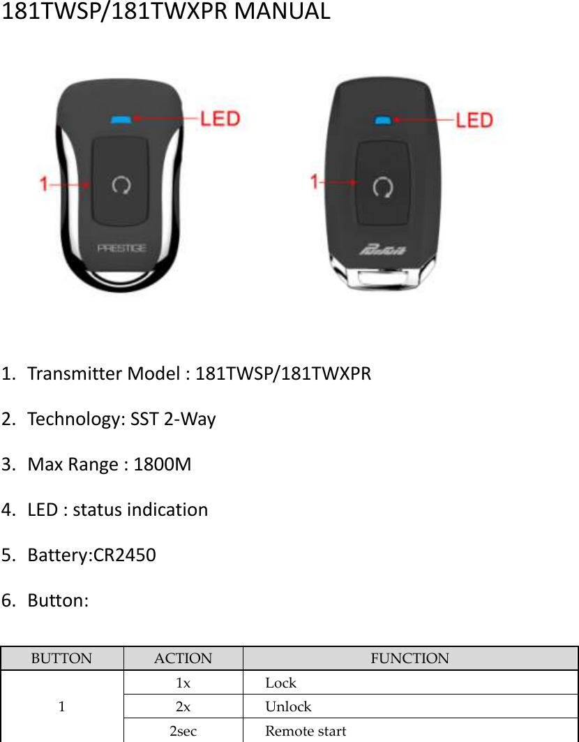  181TWSP/181TWXPR MANUAL     1. Transmitter Model : 181TWSP/181TWXPR 2. Technology: SST 2-Way 3. Max Range : 1800M 4. LED : status indication 5. Battery:CR2450 6. Button:  BUTTON ACTION FUNCTION 1 1x Lock 2x Unlock 2sec Remote start          