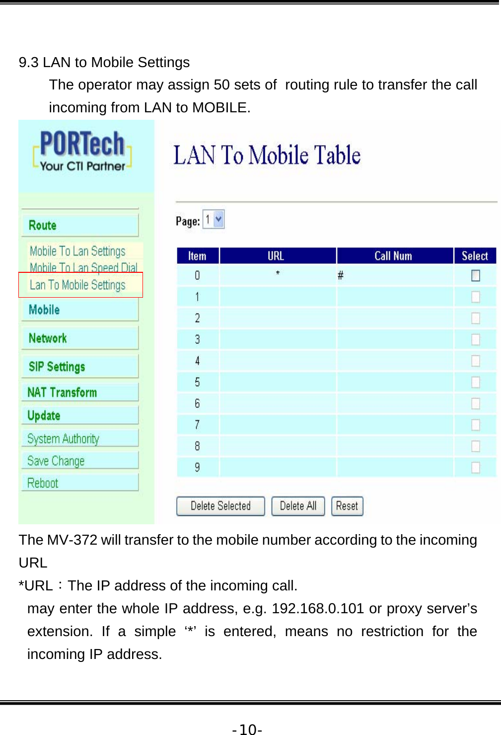   -10- 9.3 LAN to Mobile Settings The operator may assign 50 sets of  routing rule to transfer the call incoming from LAN to MOBILE.   The MV-372 will transfer to the mobile number according to the incoming URL *URL：The IP address of the incoming call. may enter the whole IP address, e.g. 192.168.0.101 or proxy server’s extension. If a simple ‘*’ is entered, means no restriction for the incoming IP address.  