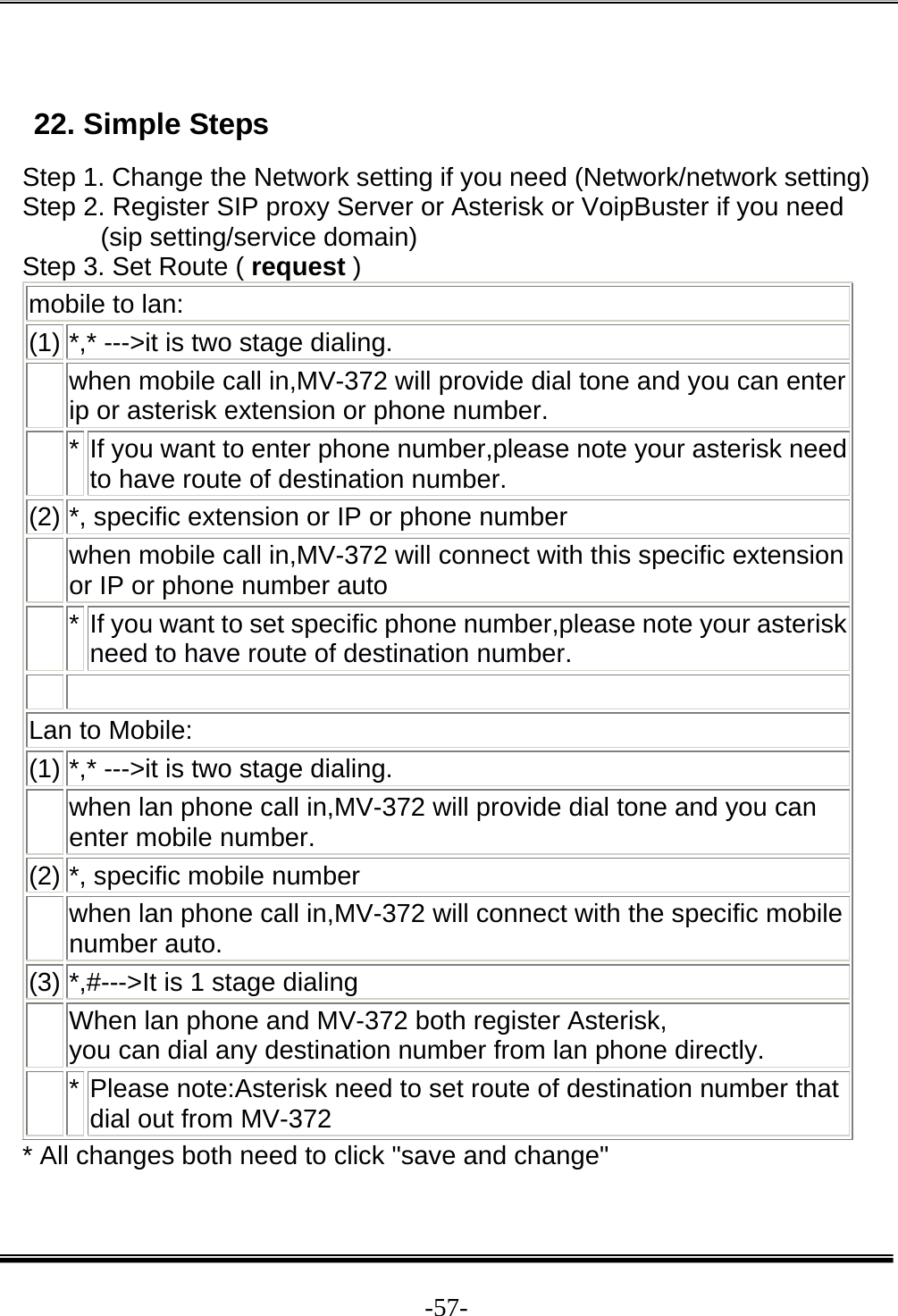  -57- 22. Simple Steps Step 1. Change the Network setting if you need (Network/network setting)Step 2. Register SIP proxy Server or Asterisk or VoipBuster if you need  (sip setting/service domain) Step 3. Set Route ( request ) mobile to lan: (1) *,* ---&gt;it is two stage dialing.    when mobile call in,MV-372 will provide dial tone and you can enter ip or asterisk extension or phone number.    * If you want to enter phone number,please note your asterisk need to have route of destination number. (2) *, specific extension or IP or phone number    when mobile call in,MV-372 will connect with this specific extension or IP or phone number auto    *  If you want to set specific phone number,please note your asterisk need to have route of destination number.      Lan to Mobile: (1) *,* ---&gt;it is two stage dialing.    when lan phone call in,MV-372 will provide dial tone and you can enter mobile number.  (2) *, specific mobile number    when lan phone call in,MV-372 will connect with the specific mobile number auto. (3) *,#---&gt;It is 1 stage dialing    When lan phone and MV-372 both register Asterisk, you can dial any destination number from lan phone directly.    * Please note:Asterisk need to set route of destination number that dial out from MV-372 * All changes both need to click &quot;save and change&quot; 