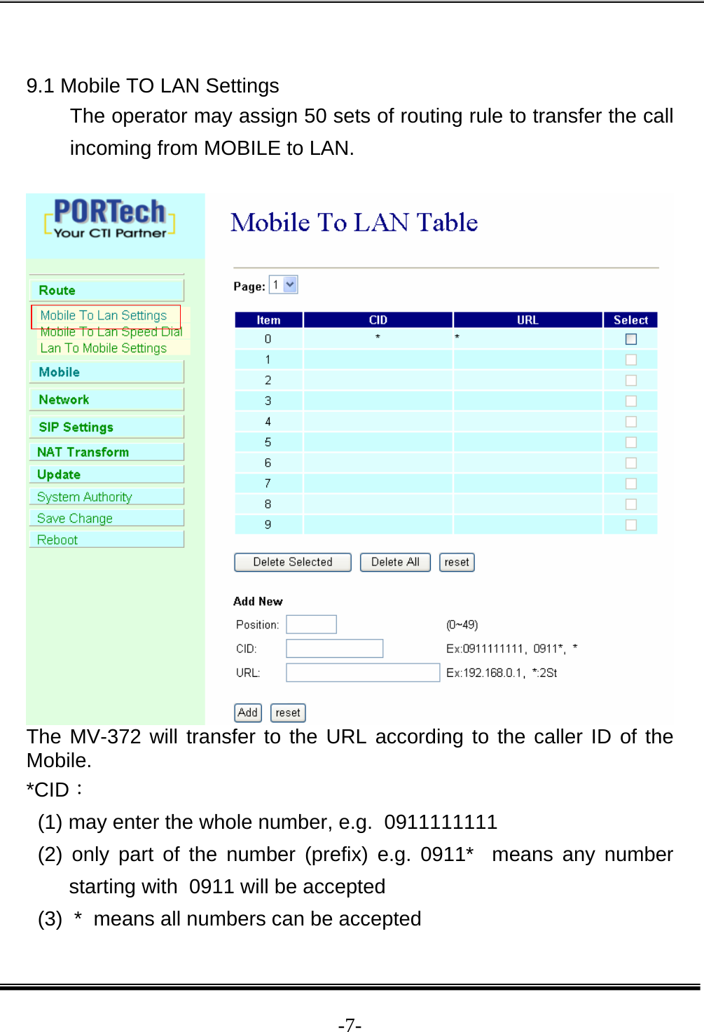  -7- 9.1 Mobile TO LAN Settings  The operator may assign 50 sets of routing rule to transfer the call incoming from MOBILE to LAN.    The MV-372 will transfer to the URL according to the caller ID of the Mobile. *CID： (1) may enter the whole number, e.g.  0911111111  (2) only part of the number (prefix) e.g. 0911*  means any number starting with  0911 will be accepted (3)  *  means all numbers can be accepted 