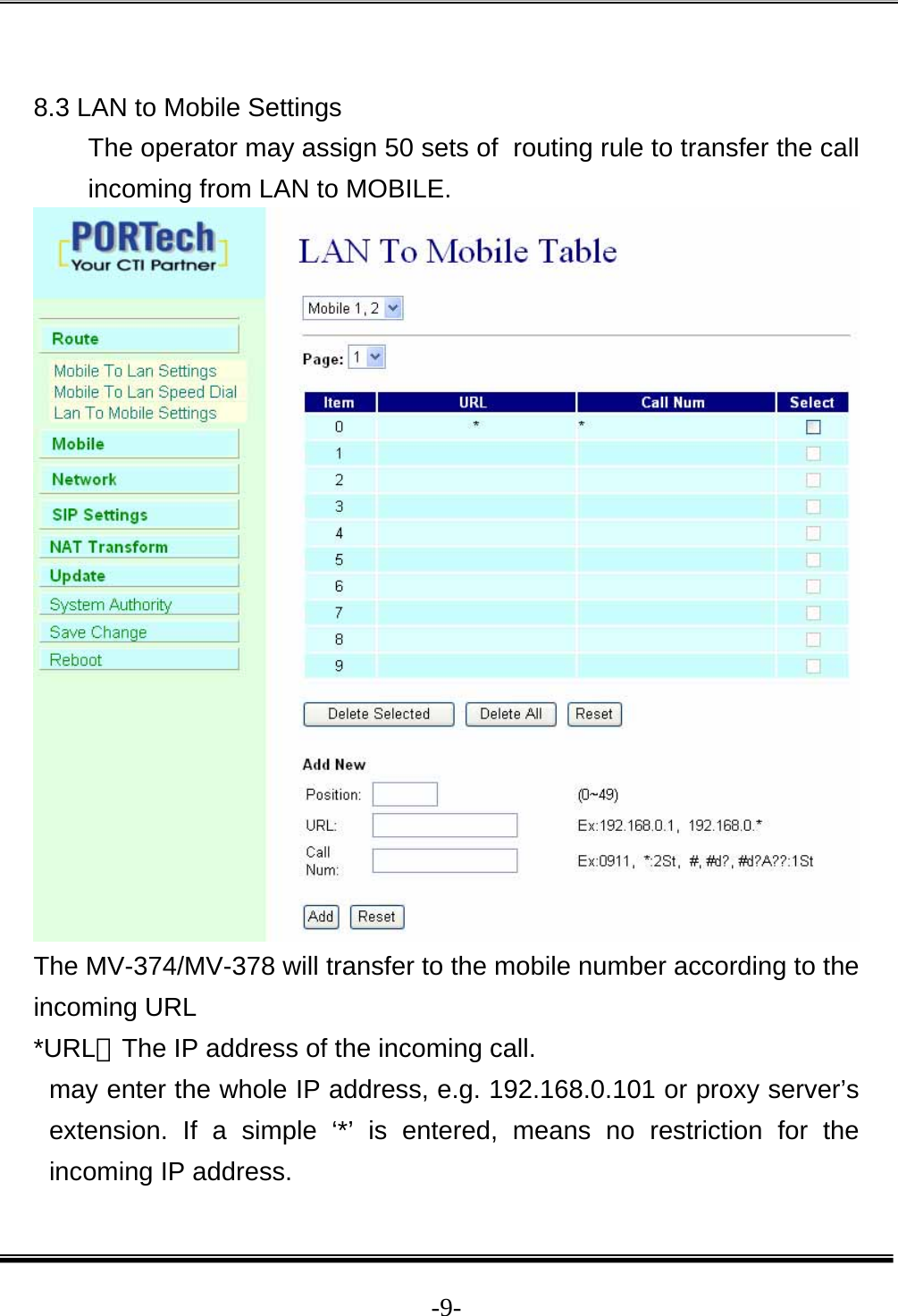  -9- 8.3 LAN to Mobile Settings The operator may assign 50 sets of  routing rule to transfer the call incoming from LAN to MOBILE.   The MV-374/MV-378 will transfer to the mobile number according to the incoming URL *URL：The IP address of the incoming call. may enter the whole IP address, e.g. 192.168.0.101 or proxy server’s extension. If a simple ‘*’ is entered, means no restriction for the incoming IP address.  