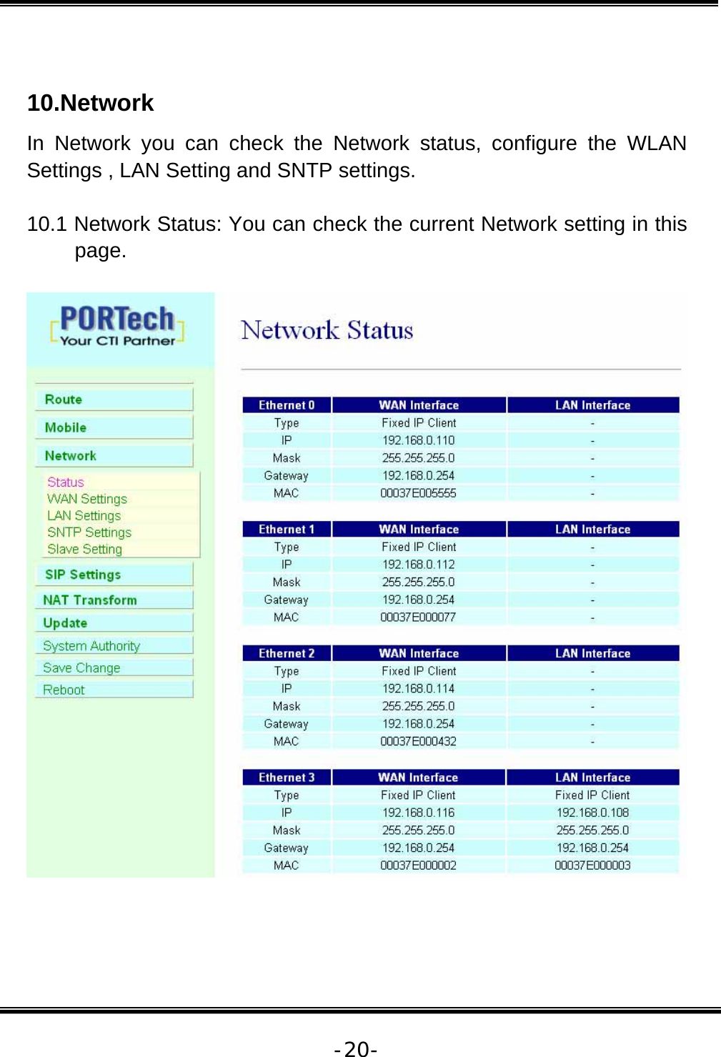   -20- 10.Network In Network you can check the Network status, configure the WLAN Settings , LAN Setting and SNTP settings.  10.1 Network Status: You can check the current Network setting in this page.   