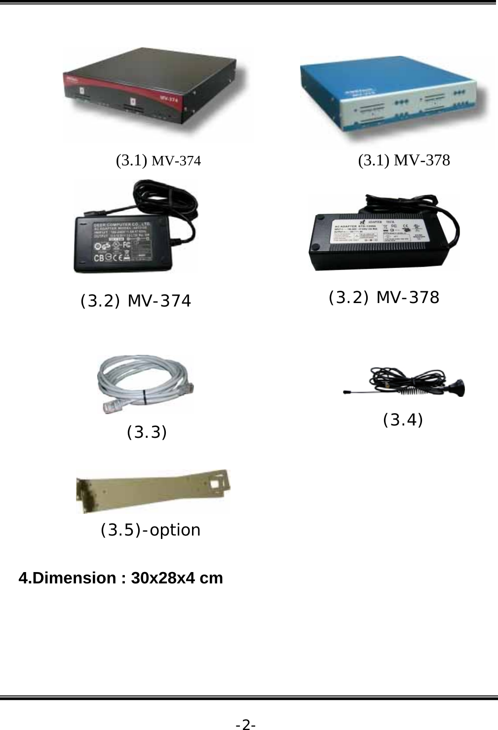   -2-                                      (3.5)-option  4.Dimension : 30x28x4 cm    (3.1) MV-374  (3.2) MV-374 (3.4)  (3.3)  (3.1) MV-378  (3.2) MV-378 