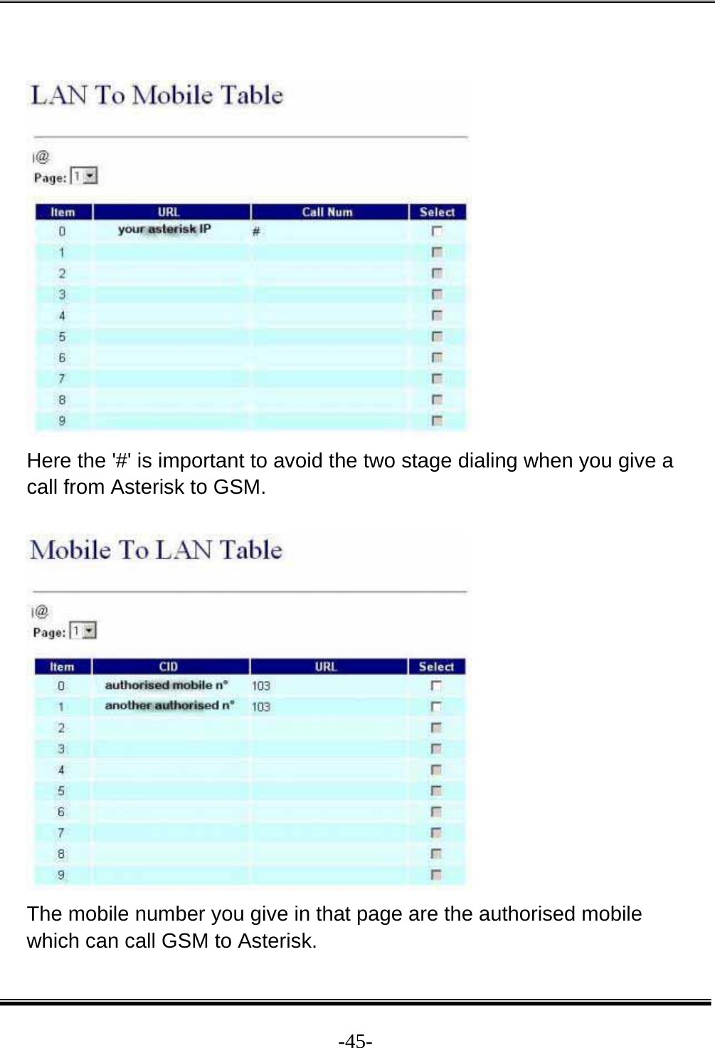  -45-  Here the &apos;#&apos; is important to avoid the two stage dialing when you give a call from Asterisk to GSM.    The mobile number you give in that page are the authorised mobile which can call GSM to Asterisk.  