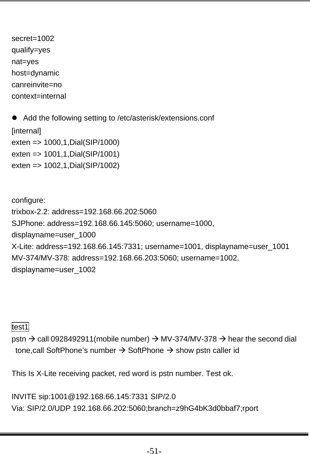  -51- secret=1002 qualify=yes nat=yes host=dynamic canreinvite=no context=internal  z  Add the following setting to /etc/asterisk/extensions.conf [internal] exten =&gt; 1000,1,Dial(SIP/1000) exten =&gt; 1001,1,Dial(SIP/1001) exten =&gt; 1002,1,Dial(SIP/1002)   configure: trixbox-2.2: address=192.168.66.202:5060 SJPhone: address=192.168.66.145:5060; username=1000, displayname=user_1000 X-Lite: address=192.168.66.145:7331; username=1001, displayname=user_1001 MV-374/MV-378: address=192.168.66.203:5060; username=1002, displayname=user_1002     test1 pstn Æ call 0928492911(mobile number) Æ MV-374/MV-378 Æ hear the second dial tone,call SoftPhone’s number Æ SoftPhone Æ show pstn caller id  This Is X-Lite receiving packet, red word is pstn number. Test ok.  INVITE sip:1001@192.168.66.145:7331 SIP/2.0 Via: SIP/2.0/UDP 192.168.66.202:5060;branch=z9hG4bK3d0bbaf7;rport 