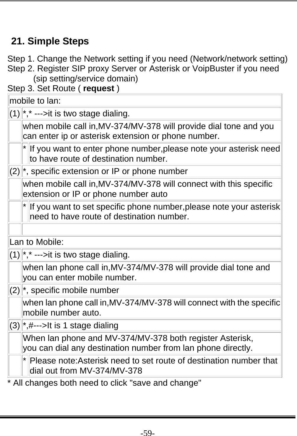  -59- 21. Simple Steps Step 1. Change the Network setting if you need (Network/network setting)Step 2. Register SIP proxy Server or Asterisk or VoipBuster if you need  (sip setting/service domain) Step 3. Set Route ( request ) mobile to lan: (1) *,* ---&gt;it is two stage dialing.    when mobile call in,MV-374/MV-378 will provide dial tone and you can enter ip or asterisk extension or phone number.    * If you want to enter phone number,please note your asterisk need to have route of destination number. (2) *, specific extension or IP or phone number    when mobile call in,MV-374/MV-378 will connect with this specific extension or IP or phone number auto    *  If you want to set specific phone number,please note your asterisk need to have route of destination number.      Lan to Mobile: (1) *,* ---&gt;it is two stage dialing.    when lan phone call in,MV-374/MV-378 will provide dial tone and you can enter mobile number.  (2) *, specific mobile number    when lan phone call in,MV-374/MV-378 will connect with the specific mobile number auto. (3) *,#---&gt;It is 1 stage dialing    When lan phone and MV-374/MV-378 both register Asterisk, you can dial any destination number from lan phone directly.    * Please note:Asterisk need to set route of destination number that dial out from MV-374/MV-378 * All changes both need to click &quot;save and change&quot; 