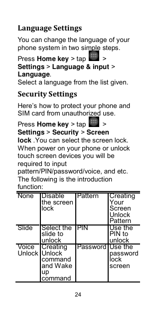  24 Language Settings You can change the language of your phone system in two simple steps. Press Home key &gt; tap    &gt; Settings &gt; Language &amp; input &gt; Language. Select a language from the list given. Security Settings Here‟s how to protect your phone and SIM card from unauthorized use.   Press Home key &gt; tap    &gt; Settings &gt; Security &gt; Screen lock .You can select the screen lock. When power on your phone or unlock touch screen devices you will be required to input pattern/PIN/password/voice, and etc. The following is the introduction function: None Disable the screen lock Pattern Creating Your Screen Unlock Pattern Slide Select the slide to unlock PIN Use the PIN to unlock Voice Unlock Creating Unlock command and Wake up command Password Use the password lock screen 
