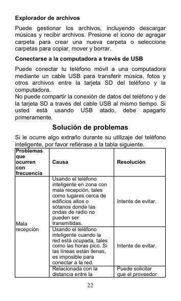 22 Explorador de archivos Puede  gestionar  los  archivos,  incluyendo  descargar músicas y recibir archivos. Presione el icono de agragar carpeta  para  crear  una  nueva  carpeta  o  seleccione carpetas para copiar, mover y borrar. Conectarse a la computadora a través de USB Puede  conectar  tu  teléfono  móvil  a  una  computadora mediante  un  cable  USB  para  transferir  música,  fotos  y otros  archivos  entre  la  tarjeta  SD  del  teléfono  y  la computadora. No puede compartir la conexión de datos del teléfono y de la tarjeta SD a través del cable USB al mismo tiempo. Si usted  está  usando  USB  atado,  debe  apagarlo primeramente. Solución de problemas Si le ocurre algo extraño durante su utilizaje del teléfono inteligente, por favor refiérase a la tabla siguiente. Problemas que ocurren con frecuencia Causa  Resolución Usando el teléfono inteligente en zona con mala recepción, tales como lugares cerca de edificios altos o sótanos donde las ondas de radio no pueden ser transmitidas. Intente de evitar. Usando el teléfono inteligente cuando la red está ocupada, tales como las horas pico. Si las líneas están llenas, es imposible para conectar a la red. Intente de evitar. Mala recepción Relacionada con la distancia entre la  Puede solicitar que el proveedor 
