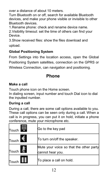 12 over a distance of about 10 meters. Turn Bluetooth on or off, search for available Bluetooth devices, and make your phone visible or invisible to other Bluetooth devices. 1.Rename phone: check and rename device name. 2.Visibility timeout: set the time of others can find your Device. 3.Show received files: show the files download and upload. Global Positioning System From  Settings into  the  location access,  open  the  Global Positioning System satellites, connection on the GPRS or Wireless Connection, can navigation and positioning. Phone   Make a call Touch phone icon on the Home screen. In dialing screen, input number and touch Dial icon to dial the inputted number. During a call During a call, there are some call options available to you. These call options can be seen only during a call. When a call is in progress, you can put it on hold, initiate a phone conference, mute your microphone etc. Touch   Go to the key pad Touch    To turn on/off the speaker. Touch   Mute your voice so that the other party cannot hear you. Touch    To place a call on hold. 