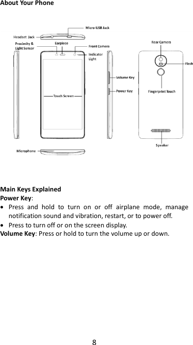 8  About Your Phone       Main Keys Explained Power Key:    Press  and  hold  to  turn  on  or  off  airplane  mode,  manage notification sound and vibration, restart, or to power off.  Press to turn off or on the screen display. Volume Key: Press or hold to turn the volume up or down.            