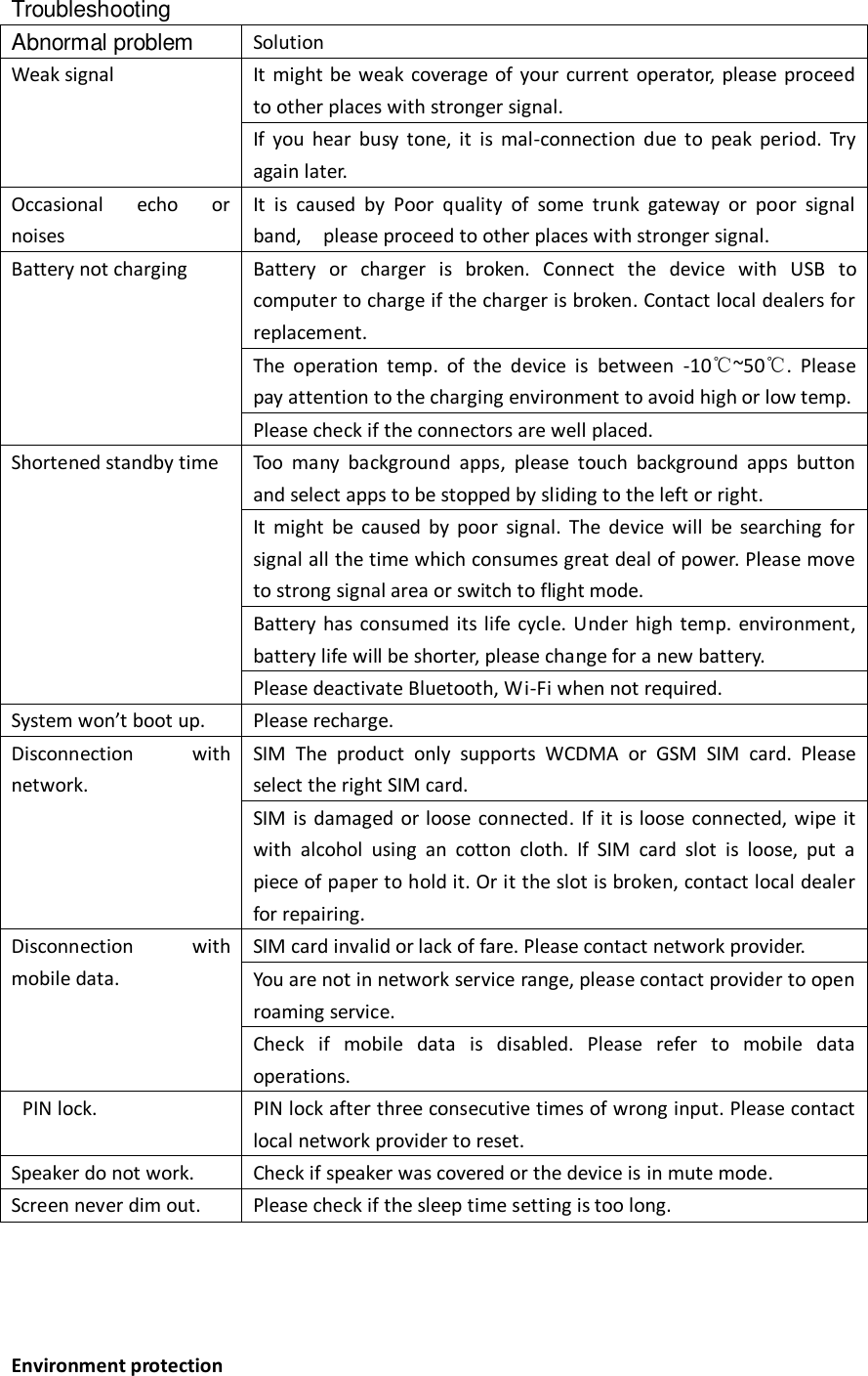  Troubleshooting Abnormal problem Solution Weak signal It might  be weak coverage of  your current operator, please proceed to other places with stronger signal.   If  you  hear  busy  tone,  it  is  mal-connection  due  to  peak  period.  Try again later.   Occasional  echo  or noises It  is  caused  by  Poor  quality  of  some  trunk  gateway  or  poor  signal band,    please proceed to other places with stronger signal. Battery not charging Battery  or  charger  is  broken.  Connect  the  device  with  USB  to computer to charge if the charger is broken. Contact local dealers for replacement. The  operation  temp.  of  the  device  is  between  -10℃~50℃.  Please pay attention to the charging environment to avoid high or low temp.   Please check if the connectors are well placed.   Shortened standby time Too  many  background  apps,  please  touch  background  apps  button and select apps to be stopped by sliding to the left or right.   It  might  be  caused  by  poor  signal.  The  device  will  be  searching  for signal all the time which consumes great deal of power. Please move to strong signal area or switch to flight mode.   Battery has consumed its life  cycle. Under high temp. environment, battery life will be shorter, please change for a new battery.   Please deactivate Bluetooth, Wi-Fi when not required.   System won’t boot up.   Please recharge.   Disconnection  with network.   SIM  The  product  only  supports  WCDMA  or  GSM  SIM  card.  Please select the right SIM card. SIM is damaged or loose connected.  If  it is  loose  connected,  wipe it with  alcohol  using  an  cotton  cloth.  If  SIM  card  slot  is  loose,  put  a piece of paper to hold it. Or it the slot is broken, contact local dealer for repairing.   Disconnection  with mobile data. SIM card invalid or lack of fare. Please contact network provider. You are not in network service range, please contact provider to open roaming service.   Check  if  mobile  data  is  disabled.  Please  refer  to  mobile  data operations.     PIN lock.   PIN lock after three consecutive times of wrong input. Please contact local network provider to reset.   Speaker do not work.   Check if speaker was covered or the device is in mute mode.   Screen never dim out.   Please check if the sleep time setting is too long.     Environment protection   