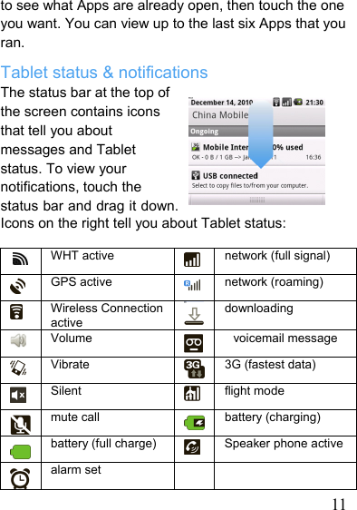   11to see what Apps are already open, then touch the one you want. You can view up to the last six Apps that you ran. Tablet status &amp; notifications The status bar at the top of the screen contains icons that tell you about messages and Tablet status. To view your notifications, touch the status bar and drag it down. Icons on the right tell you about Tablet status:   WHT active   network (full signal)  GPS active   network (roaming)  Wireless Connection active downloading  Volume  voicemail message  Vibrate  3G (fastest data)  Silent   flight mode  mute call  battery (charging)  battery (full charge)   Speaker phone active alarm set     