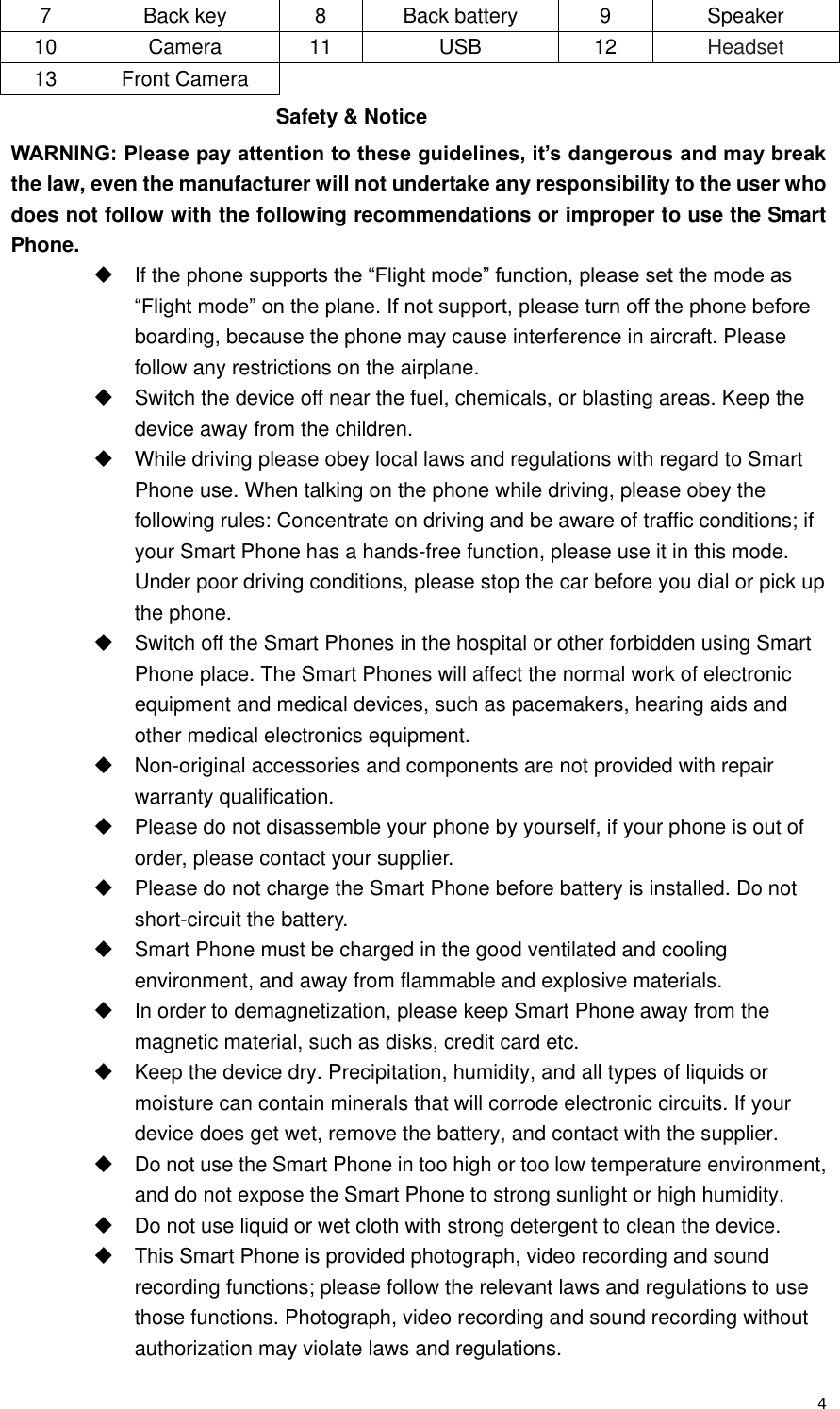  4 7 Back key 8 Back battery 9 Speaker 10 Camera 11 USB 12 Headset 13 Front Camera Safety &amp; Notice WARNING: Please pay attention to these guidelines, it’s dangerous and may break the law, even the manufacturer will not undertake any responsibility to the user who does not follow with the following recommendations or improper to use the Smart Phone.   If the phone supports the “Flight mode” function, please set the mode as “Flight mode” on the plane. If not support, please turn off the phone before boarding, because the phone may cause interference in aircraft. Please follow any restrictions on the airplane.   Switch the device off near the fuel, chemicals, or blasting areas. Keep the device away from the children.     While driving please obey local laws and regulations with regard to Smart Phone use. When talking on the phone while driving, please obey the following rules: Concentrate on driving and be aware of traffic conditions; if your Smart Phone has a hands-free function, please use it in this mode. Under poor driving conditions, please stop the car before you dial or pick up the phone.   Switch off the Smart Phones in the hospital or other forbidden using Smart Phone place. The Smart Phones will affect the normal work of electronic equipment and medical devices, such as pacemakers, hearing aids and other medical electronics equipment.    Non-original accessories and components are not provided with repair warranty qualification.     Please do not disassemble your phone by yourself, if your phone is out of order, please contact your supplier.   Please do not charge the Smart Phone before battery is installed. Do not short-circuit the battery.     Smart Phone must be charged in the good ventilated and cooling environment, and away from flammable and explosive materials.   In order to demagnetization, please keep Smart Phone away from the magnetic material, such as disks, credit card etc.     Keep the device dry. Precipitation, humidity, and all types of liquids or moisture can contain minerals that will corrode electronic circuits. If your device does get wet, remove the battery, and contact with the supplier.     Do not use the Smart Phone in too high or too low temperature environment, and do not expose the Smart Phone to strong sunlight or high humidity.     Do not use liquid or wet cloth with strong detergent to clean the device.   This Smart Phone is provided photograph, video recording and sound recording functions; please follow the relevant laws and regulations to use those functions. Photograph, video recording and sound recording without authorization may violate laws and regulations.   