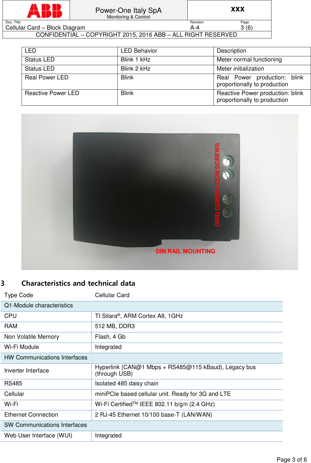  Power-One Italy SpA Monitoring &amp; Control xxx Doc. Title Revision Page Cellular Card &ndash; Block Diagram A-4 3 (6) CONFIDENTIAL &ndash; COPYRIGHT 2015, 2016 ABB &ndash; ALL RIGHT RESERVED    Page 3 of 6  LED LED Behavior Description Status LED Blink 1 kHz Meter normal functioning Status LED Blink 2 kHz Meter initialization Real Power LED Blink Real  Power  production:  blink proportionally to production Reactive Power LED Blink Reactive Power production: blink proportionally to production   3 Characteristics and technical data Type Code Cellular Card Q1-Module characteristics CPU TI Sitara&reg;, ARM Cortex A8, 1GHz RAM 512 MB, DDR3  Non Volatile Memory Flash, 4 Gb Wi-Fi Module Integrated  HW Communications Interfaces Inverter Interface Hyperlink (CAN@1 Mbps + RS485@115 kBaud), Legacy bus (through USB) RS485 Isolated 485 daisy chain Cellular miniPCIe based cellular unit. Ready for 3G and LTE Wi-Fi Wi-Fi CertifiedTM IEEE 802.11 b/g/n (2.4 GHz) Ethernet Connection 2 RJ-45 Ethernet 10/100 base-T (LAN/WAN) SW Communications Interfaces Web User Interface (WUI) Integrated DIN RAIL MOUNTING GRID CONNECTION SCREWS 