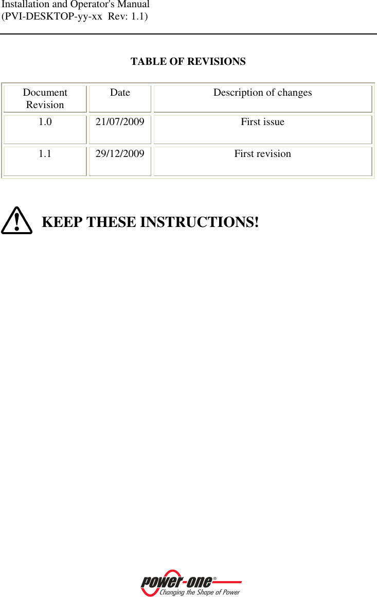 Installation and Operator's Manual (PVI-DESKTOP-yy-xx  Rev: 1.1)     TABLE OF REVISIONS  Document Revision  Date  Description of changes 1.0  21/07/2009  First issue 1.1  29/12/2009  First revision    KEEP THESE INSTRUCTIONS!                 