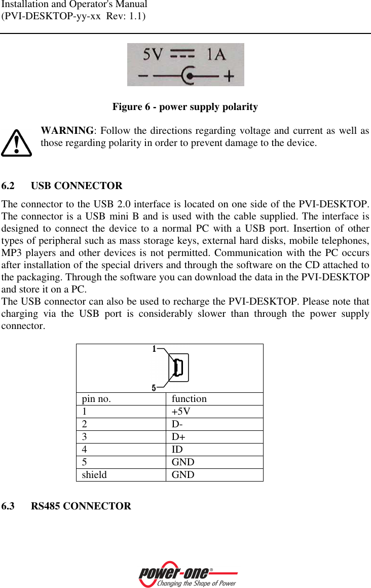 Installation and Operator's Manual (PVI-DESKTOP-yy-xx  Rev: 1.1)      Figure 6 - power supply polarity  WARNING: Follow the directions regarding voltage and current as well as those regarding polarity in order to prevent damage to the device.   6.2 USB CONNECTOR The connector to the USB 2.0 interface is located on one side of the PVI-DESKTOP. The connector is a USB mini B and is used with the cable supplied. The interface is designed to connect the device to a normal  PC  with a USB port. Insertion  of other types of peripheral such as mass storage keys, external hard disks, mobile telephones, MP3 players and other devices is not permitted. Communication with the PC occurs after installation of the special drivers and through the software on the CD attached to the packaging. Through the software you can download the data in the PVI-DESKTOP and store it on a PC. The USB connector can also be used to recharge the PVI-DESKTOP. Please note that charging  via  the  USB  port  is  considerably  slower  than  through  the  power  supply connector.   pin no.  function 1  +5V 2  D- 3  D+ 4  ID 5  GND shield  GND  6.3 RS485 CONNECTOR  
