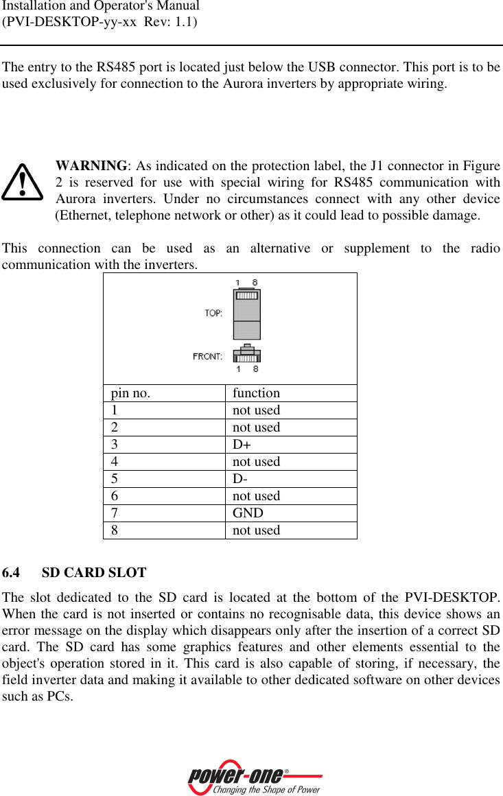 Installation and Operator's Manual (PVI-DESKTOP-yy-xx  Rev: 1.1)    The entry to the RS485 port is located just below the USB connector. This port is to be used exclusively for connection to the Aurora inverters by appropriate wiring.     WARNING: As indicated on the protection label, the J1 connector in Figure 2  is  reserved  for  use  with  special  wiring  for  RS485  communication  with Aurora  inverters.  Under  no  circumstances  connect  with  any  other  device (Ethernet, telephone network or other) as it could lead to possible damage.  This  connection  can  be  used  as  an  alternative  or  supplement  to  the  radio communication with the inverters.  pin no.  function 1  not used 2  not used 3  D+ 4  not used 5  D- 6  not used 7  GND 8  not used  6.4 SD CARD SLOT The  slot  dedicated  to  the  SD  card  is  located  at  the  bottom  of  the  PVI-DESKTOP. When the card is not inserted or contains no recognisable data, this device shows an error message on the display which disappears only after the insertion of a correct SD card.  The  SD  card  has  some  graphics  features  and  other  elements  essential  to  the object's operation stored in it. This card  is also capable  of storing, if necessary,  the field inverter data and making it available to other dedicated software on other devices such as PCs.  