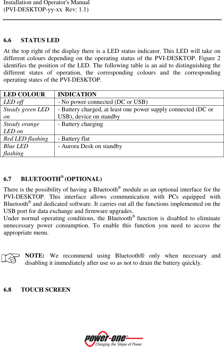 Installation and Operator's Manual (PVI-DESKTOP-yy-xx  Rev: 1.1)     6.6 STATUS LED At the top right of the display there is a LED status indicator. This LED will take on different colours depending on the operating status of the PVI-DESKTOP. Figure 2 identifies the position of the LED. The following table is an aid to distinguishing the different  states  of  operation,  the  corresponding  colours  and  the  corresponding operating states of the PVI-DESKTOP.  LED COLOUR  INDICATION LED off  - No power connected (DC or USB) Steady green LED on  - Battery charged, at least one power supply connected (DC or USB), device on standby Steady orange LED on  - Battery charging  Red LED flashing  - Battery flat Blue LED flashing  - Aurora Desk on standby   6.7 BLUETOOTH&reg; (OPTIONAL) There is the possibility of having a Bluetooth&reg; module as an optional interface for the PVI-DESKTOP.  This  interface  allows  communication  with  PCs  equipped  with Bluetooth&reg; and dedicated software. It carries out all the functions implemented on the USB port for data exchange and firmware upgrades. Under  normal operating  conditions,  the Bluetooth&reg; function is  disabled to  eliminate unnecessary  power  consumption.  To  enable  this  function  you  need  to  access  the appropriate menu.   NOTE: We  recommend  using  Bluetooth&reg;  only  when  necessary  and disabling it immediately after use so as not to drain the battery quickly.   6.8 TOUCH SCREEN    