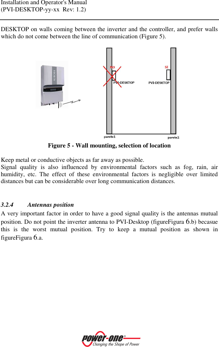 Installation and Operator's Manual (PVI-DESKTOP-yy-xx  Rev: 1.2)    DESKTOP on walls coming between the inverter and the controller, and prefer walls which do not come between the line of communication (Figure 5).  Figure 5 - Wall mounting, selection of location  Keep metal or conductive objects as far away as possible. Signal  quality  is  also  influenced  by  environmental  factors  such  as  fog,  rain,  air humidity,  etc.  The  effect  of  these  environmental  factors  is  negligible  over  limited distances but can be considerable over long communication distances.  3.2.4 Antennas position A very important factor in order to have a good signal quality is the antennas mutual position. Do not point the inverter antenna to PVI-Desktop (figureFigura 6.b) becasue this  is  the  worst  mutual  position.  Try  to  keep  a  mutual  position  as  shown  in figureFigura 6.a. 