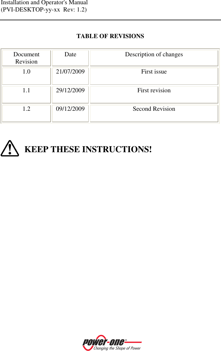 Installation and Operator's Manual (PVI-DESKTOP-yy-xx  Rev: 1.2)     TABLE OF REVISIONS  Document Revision  Date  Description of changes 1.0  21/07/2009  First issue 1.1  29/12/2009  First revision  1.2  09/12/2009  Second Revision   KEEP THESE INSTRUCTIONS!                 