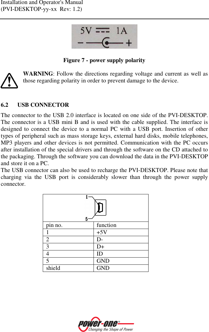 Installation and Operator's Manual (PVI-DESKTOP-yy-xx  Rev: 1.2)      Figure 7 - power supply polarity  WARNING: Follow the directions regarding voltage and current as well as those regarding polarity in order to prevent damage to the device.   6.2 USB CONNECTOR The connector to the USB 2.0 interface is located on one side of the PVI-DESKTOP. The connector is a USB mini B and is used with the cable supplied. The interface is designed to connect the device to a normal  PC  with a USB port. Insertion  of other types of peripheral such as mass storage keys, external hard disks, mobile telephones, MP3 players and other devices is not permitted. Communication with the PC occurs after installation of the special drivers and through the software on the CD attached to the packaging. Through the software you can download the data in the PVI-DESKTOP and store it on a PC. The USB connector can also be used to recharge the PVI-DESKTOP. Please note that charging  via  the  USB  port  is  considerably  slower  than  through  the  power  supply connector.   pin no.  function 1  +5V 2  D- 3  D+ 4  ID 5  GND shield  GND     