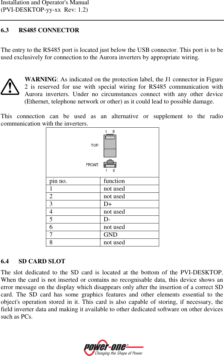 Installation and Operator's Manual (PVI-DESKTOP-yy-xx  Rev: 1.2)    6.3 RS485 CONNECTOR  The entry to the RS485 port is located just below the USB connector. This port is to be used exclusively for connection to the Aurora inverters by appropriate wiring.   WARNING: As indicated on the protection label, the J1 connector in Figure 2  is  reserved  for  use  with  special  wiring  for  RS485  communication  with Aurora  inverters.  Under  no  circumstances  connect  with  any  other  device (Ethernet, telephone network or other) as it could lead to possible damage.  This  connection  can  be  used  as  an  alternative  or  supplement  to  the  radio communication with the inverters.  pin no.  function 1  not used 2  not used 3  D+ 4  not used 5  D- 6  not used 7  GND 8  not used  6.4 SD CARD SLOT The  slot  dedicated  to  the  SD  card  is  located  at  the  bottom  of  the  PVI-DESKTOP. When the card is not inserted or contains no recognisable data, this device shows an error message on the display which disappears only after the insertion of a correct SD card.  The  SD  card  has  some  graphics  features  and  other  elements  essential  to  the object's operation stored in it. This card  is also capable  of storing, if necessary,  the field inverter data and making it available to other dedicated software on other devices such as PCs.  