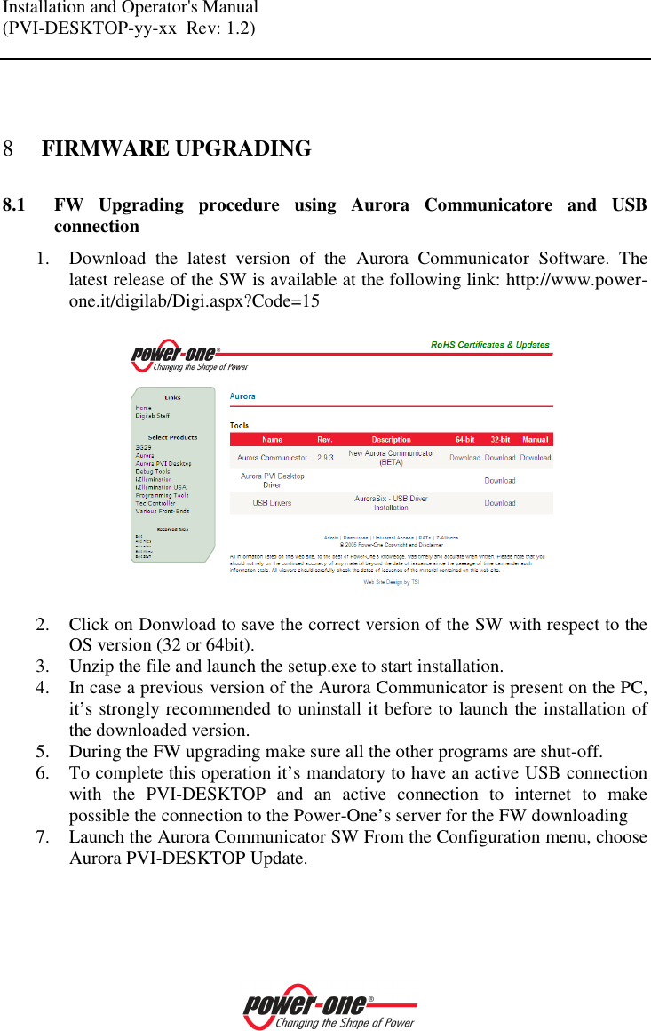 Installation and Operator's Manual (PVI-DESKTOP-yy-xx  Rev: 1.2)     8 FIRMWARE UPGRADING 8.1 FW  Upgrading  procedure  using  Aurora  Communicatore  and  USB connection 1. Download  the  latest  version  of  the  Aurora  Communicator  Software.  The latest release of the SW is available at the following link: http://www.power-one.it/digilab/Digi.aspx?Code=15    2. Click on Donwload to save the correct version of the SW with respect to the OS version (32 or 64bit). 3. Unzip the file and launch the setup.exe to start installation. 4. In case a previous version of the Aurora Communicator is present on the PC, it&rsquo;s strongly recommended to uninstall it before to launch the installation of the downloaded version. 5. During the FW upgrading make sure all the other programs are shut-off. 6. To complete this operation it&rsquo;s mandatory to have an active USB connection with  the  PVI-DESKTOP  and  an  active  connection  to  internet  to  make possible the connection to the Power-One&rsquo;s server for the FW downloading 7. Launch the Aurora Communicator SW From the Configuration menu, choose Aurora PVI-DESKTOP Update.  