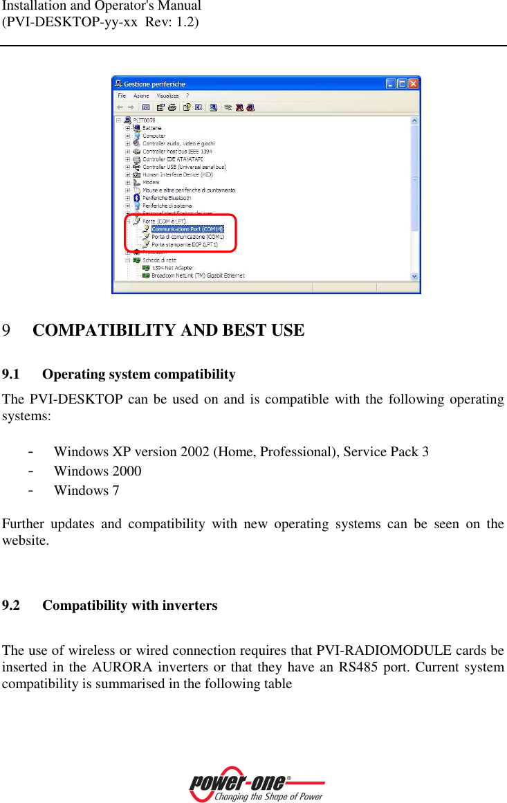 Installation and Operator's Manual (PVI-DESKTOP-yy-xx  Rev: 1.2)      9 COMPATIBILITY AND BEST USE 9.1 Operating system compatibility The PVI-DESKTOP can be used on and is compatible with the following operating systems:  - Windows XP version 2002 (Home, Professional), Service Pack 3 - Windows 2000 - Windows 7  Further  updates  and  compatibility  with  new  operating  systems  can  be  seen  on  the website.   9.2 Compatibility with inverters  The use of wireless or wired connection requires that PVI-RADIOMODULE cards be inserted in the AURORA inverters or that they have an RS485 port. Current system compatibility is summarised in the following table   