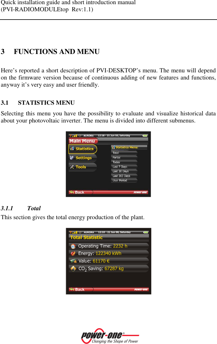 Quick installation guide and short introduction manual (PVI-RADIOMODULEtop  Rev:1.1)     3 FUNCTIONS AND MENU Here&rsquo;s reported a short description of PVI-DESKTOP&rsquo;s menu. The menu will depend on the firmware version because of continuous adding of new features and functions, anyway it&rsquo;s very easy and user friendly.  3.1 STATISTICS MENU Selecting this menu you have the possibility to evaluate and visualize historical data about your photovoltaic inverter. The menu is divided into different submenus.   3.1.1 Total This section gives the total energy production of the plant.     