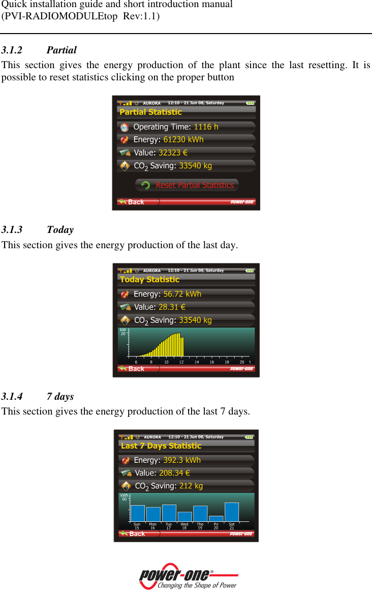 Quick installation guide and short introduction manual (PVI-RADIOMODULEtop  Rev:1.1)    3.1.2 Partial This  section  gives  the  energy  production  of  the  plant  since  the  last  resetting.  It  is possible to reset statistics clicking on the proper button   3.1.3 Today This section gives the energy production of the last day.    3.1.4 7 days This section gives the energy production of the last 7 days.   